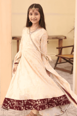 Girls Beige Gold Frock - Aurum